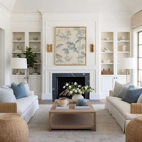 Living Room Designs With Color, Living Room 2 Couches, Living Room With Fireplace Inspiration, Nancy Myers Style Living Room, White Built Ins Around Fireplace, Classic Coastal Living Room, Modern Classic Decor, Angled Living Room Layout, Built In By Fireplace