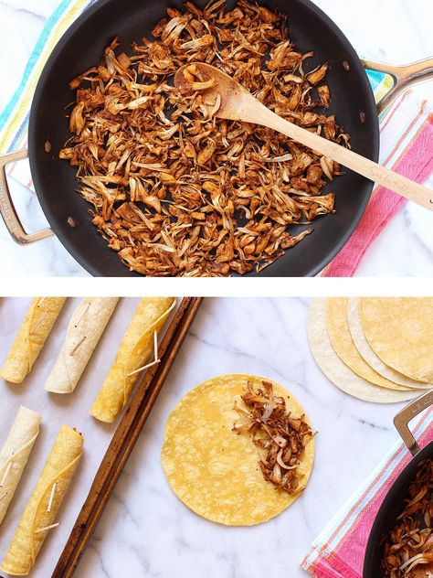 Baked jackfruit taquitos with spicy Southwest dipping sauce - vegan & gluten free Southwest Dipping Sauce, Jackfruit Taquitos, Sweet Dipping Sauce, Southwest Sauce, Beef Taquitos, Taquitos Beef, Cashew Sour Cream, Jackfruit Recipes, Taco Fillings