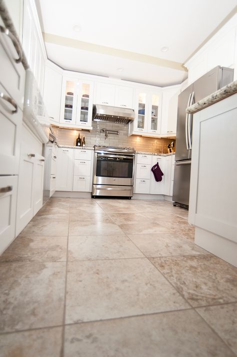 Beautiful tan tile floors to match the all white cabinets. www.choosechi.com Tan Tile, Tan Kitchen, Kitchen With White Cabinets, Kitchen Floor Tiles Ideas, Cabinets Design, White Tile Floor, Ceramic Floor Tile, White Cabinet, Kitchen Colour Schemes