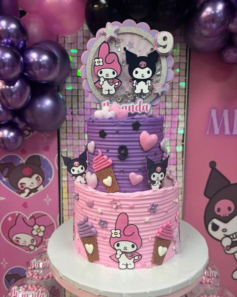 Kuromi And My Melody Birthday Cake, Melody Hello Kitty Birthday, My Melody And Kuromi Party Decorations, Kuromi Cakes Ideas, Kuromi Cake Ideas Birthdays, Kuromi And My Melody Birthday Party, Kuromi And My Melody Cake, Kuromi Cake Ideas, Kuromi Birthday Party Ideas