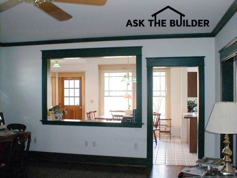 This wall has a huge beam resting on the left side of the pass-through opening as well as roof load along the entire wall! Wall Opening Between Rooms, Load Bearing Wall Ideas Open Concept, Cased Openings Between Rooms, Wall Kitchen Ideas, Load Bearing Wall Ideas, Wall Between Kitchen And Living Room, Removing Wall, Half Wall Ideas, Ranch Makeover