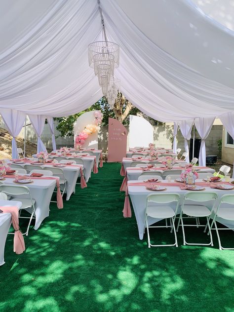 Pink Quinceanera Theme Outdoors, Outside Party Set Up, Party Tent Draping Ideas, Outdoor Tent Birthday Party Decoration, Outdoor Party Layout, White Party Tent Decorations, Quince Tent Decor, Quince Backyard Party, Grad Party Outdoor Decor