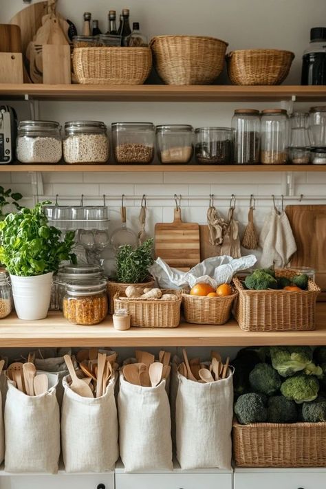 Go green in the kitchen with these zero-waste ideas! Learn how to eliminate waste and create a sustainable kitchen that’s both functional and stylish. 🌱🧴 #EcoFriendlyKitchen #ZeroWasteLiving #SustainableHome #GreenKitchenTips #EcoLiving 2000s House, Pantry Organization Ideas Shelves, Cottage Farmhouse Kitchen, Kitchen Diy Projects, Apothecary Kitchen, Larder Storage, Sustainable Kitchen Design, Organization Life Hacks, Cornish Cottage