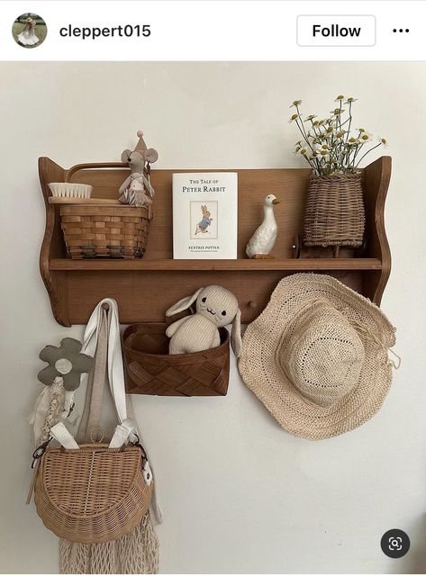 Decorating Nursery Shelves, Built In Wall Shelf Decor, Vintage Nursery Shelf Decor, Vintage Rabbit Nursery, Cottage Themed Nursery, English Cottage Style Nursery, Country Cottage Nursery, Vintage Bunny Nursery, Vintage Cottage Nursery