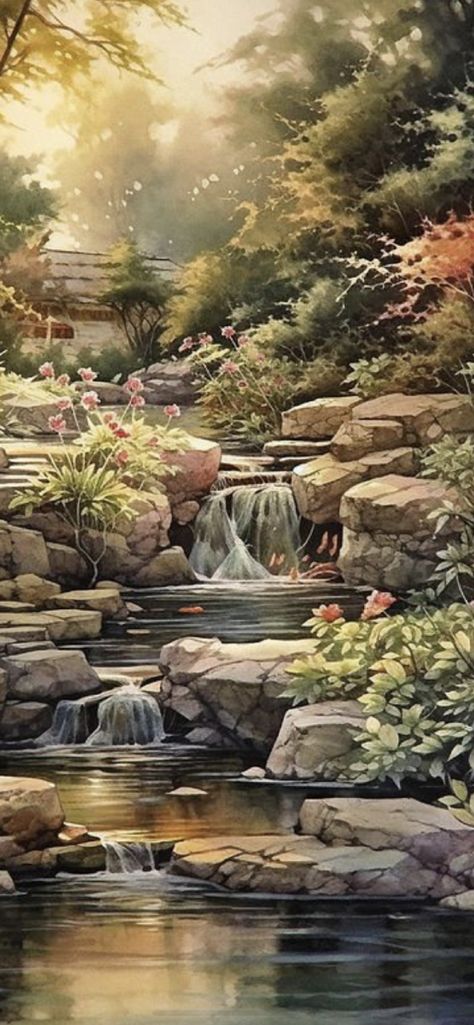 Digital Art Software, Peaceful Garden, Waterfall Paintings, Acrylic Wall Decor, Scenery Paintings, Gems Art, Landscape Art Painting, Autumn Scenery, Beautiful Nature Pictures