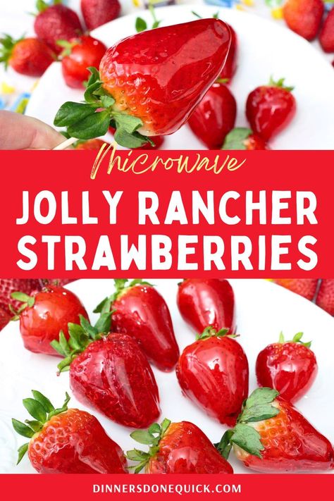 Enjoy a sweet and crunchy delight with my Jolly Rancher strawberries recipe! 🍓✨ Similar to tanghulu, you can experience the magic of candy-coated fruit in just a few simple steps. It's the spring time version of Jolly Rancher grapes! Perfect for satisfying your sweet tooth or impressing guests at your next gathering! #JollyRancher #Strawberries #CandyCoatedFruit Candy Strawberries With Jolly Ranchers, Jolly Rancher Melted Candy, Candy Coated Strawberries, Dehydrated Candy In Air Fryer, Jolly Rancher Strawberries, Jolly Rancher Tanghulu, Homemade Jolly Ranchers, Candy Grapes Recipes Jolly Rancher, Strange Desserts