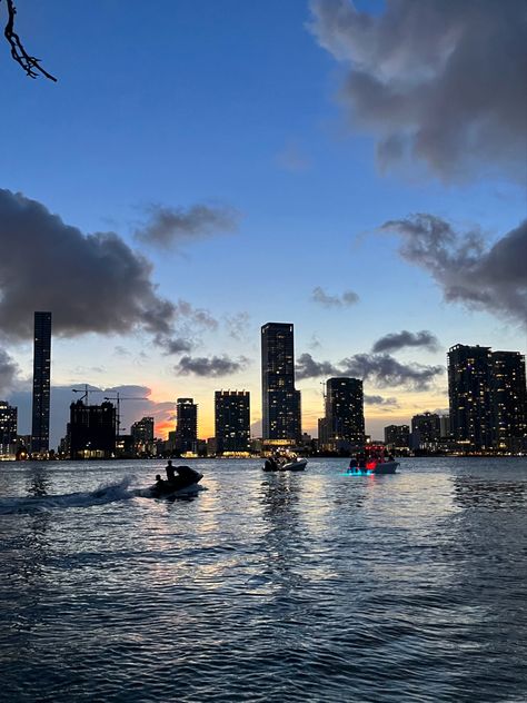 Beautiful miami skyline at night jetski sunset Jet Ski Miami, Miami Night Aesthetic, Miami At Night, Miami Boat Aesthetic, Miami Sunset Aesthetic, Miami At Night Aesthetic, Miami Skyline Night, Ski Pictures, Miami Night