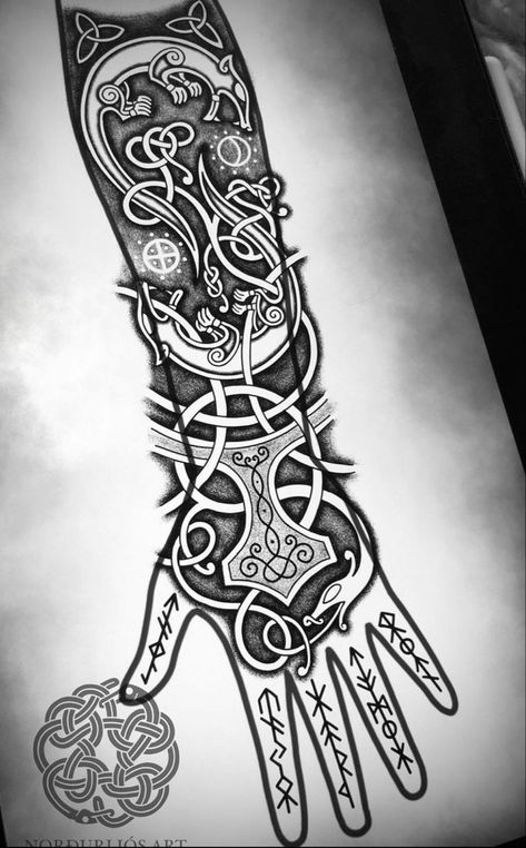 Scandinavian Back Tattoo, Norse Tattoo Sleeve Vikings, Norse Blackwork Tattoo, Celtic Arm Tattoo Men, Viking Knotwork Tattoo Sleeve, Neo Nordic Tattoo, Nordic Tattoo Hand, Viking Tattoo Sleeve For Women, Norse Hand Tattoos For Guys