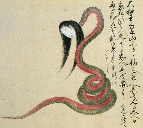 Snake-lady. NURE ONNA Japanese Folklore Creatures, Hyakki Yagyō, Japanese Surrealism, Nure Onna, Reincarnation Art, Eastern Mythology, Asian Dragons, Snake Woman, Japanese Urban Legends