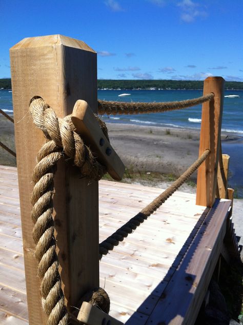 The Refresh Shop- Rope railing tied to horn cleat. Beachy perfection. Rope Fence, Rope Railing, Railing Designs, Lake Dock, Railings Outdoor, Deck Railing, Coastal Gardens, Nautical Rope, Lake Cottage