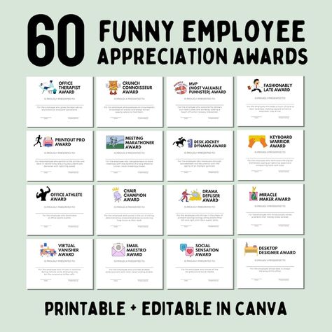 Funny Employee Appreciation Awards 60 Printable Staff Recognition Certificates, Funny Gift for Employee and Colleagues, Coworker Gift Tags - Etsy Employee Appreciation Gifts Diy, Funny Office Awards, Funny Employee Awards, Employee Appreciation Awards, Staff Awards, Funny Awards, Employee Awards, Appreciation Gifts Diy, Staff Morale