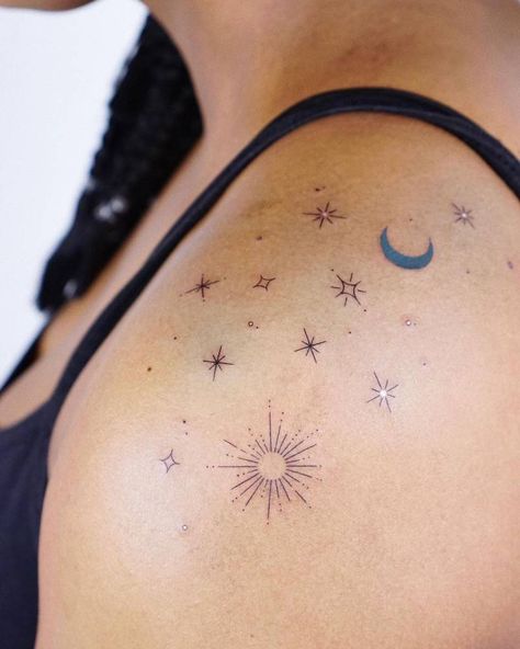 Dainty Sun Moon And Stars Tattoo, Sun And Moon Galaxy Tattoo, Whimsigothic Tattoo Ideas, Shoulder Tattoo Stars And Moon, Star And Constellation Tattoos, Sun Moon Star Shoulder Tattoo, Shoulder Sun Moon Tattoo, Star Cluster Tattoo Shoulder, Starry Shoulder Tattoo