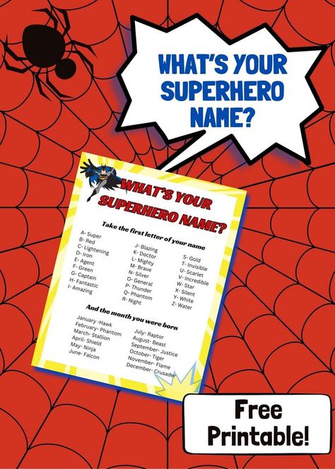 Superhero Name Generator Printable – Mom vs the Boys Good Superhero Names, Superhero Camp, Funny Superhero, Villain Names, Superhero Crafts, Superhero Names, Free Printable Activities, Superhero Birthday Party, Fun Printables