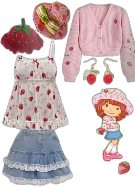 I found all this stuff on ROMWE if you’re looking for it! Strawberry Shortcake Shirt Outfit, Strawberry Shortcake Outfit Ideas, Strawberry Shortcake Character Inspired Outfits, Strawberry Girl Outfit, Strawberry Themed Outfit, Strawberry Inspired Outfit, Strawberry Shortcake Dress To Impress, Strawberry Clothes, Strawberry Shortcake Dress