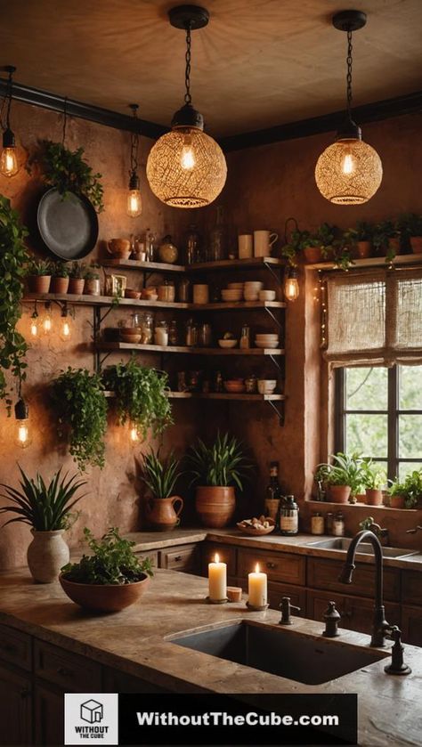 Ambient lighting is essential for creating a warm and inviting atmosphere in your kitchen. To enhance your bohemian kitchen, consider adding greenery, sheer curtains, pendant fixtures, dimmers, and wall sconces. These thoughtful elements not only elevate the aesthetic but also foster a nurturing environment that you'll want to explore further. #HomeDecor #KitchenDesign #BohemianKitchen #BohoStyle #EclecticHome #LightingIdeas Warm Kitchen Aesthetic, Italian Kitchen Aesthetic, Bohemian Kitchens, Handblown Glass Pendant, Earthy Kitchen, Eclectic Kitchen Decor, Layered Lighting, Kitchen Lighting Ideas, Bohemian Kitchen