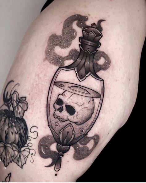 Gothic Potion Bottle Tattoo, Witch Bottle Tattoo, Ghost In A Bottle Tattoo, Halloween Book Tattoo, Poison Vial Tattoo, Aqua Tofana Tattoo Design, Old Book Tattoo, Aquatofana Tattoo, Vile Tattoo