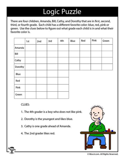 Hard Logic Puzzle for Kids | Woo! Jr. Kids Activities Logic Worksheets, Logic Puzzles Brain Teasers, Logic Questions, Logic Math, Grid Puzzles, Math Logic Puzzles, Logic Problems, Fun Math Worksheets, Kid Logic