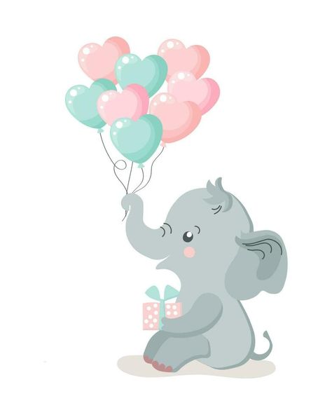 Elephant Character, Cartoon Reference, Heart Shaped Balloons, Balloons Happy Birthday, Kids Illustration, Kids Room Wall Decor, Happy Birthday Card, Illustration Vector