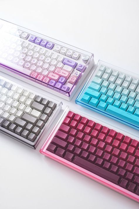 【UNIQUE GRADIENT TRANSPARENT KEYBOARD COVER】 The YUNZII gradient translucent keyboard cover is made of sturdy extra thick acrylic material. Its pastel colors will not affect the keyboard glowing when using the keyboard cover, adding more aesthetics to keyboards and desk space. Transparent Keyboard, Unique Keyboards, Gaming Room Setup, Keyboard Cover, Room Setup, Mechanical Keyboard, Gaming Setup, Acrylic Material, Pastel Colors