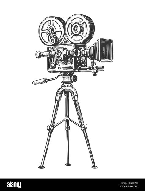 Download this stock vector: Retro film camera with film on tripods. Hand drawn video camera. Vintage vector illustration - 2J9XAHJ from Alamy's library of millions of high resolution stock photos, illustrations and vectors. Vintage Cameras Drawing, Retro Video Camera, Hand Drawing Video, Camera Vector Illustration, Drawn Camera, Retro Film Camera, Photography Art Book, Camera Vector, Camera Illustration