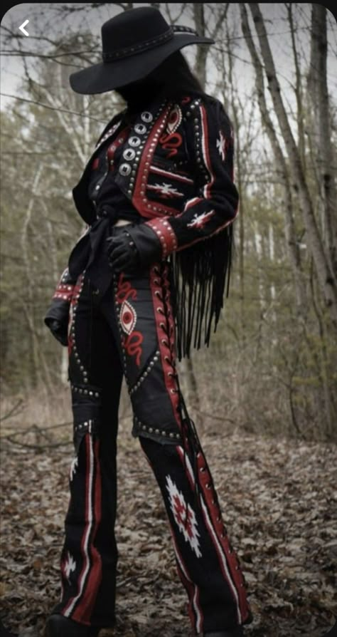 Western Outfit Design, Black And Red Cowgirl Outfit, Colorful Cowboy Outfit, Masculine Cowgirl, Space Western Outfits, Cowboy High Fashion, Classic Cowboy Outfit, Country Star Outfits, Silver Cowboy Outfit