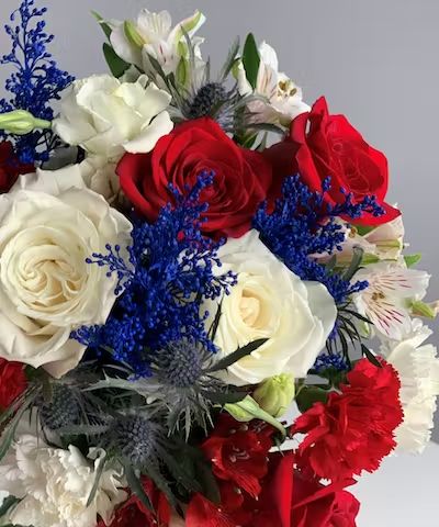 Memorial Day Flowers & Gifts | Baltimore (MD) Same-Day Delivery | Flowers & Fancies Red White And Royal Blue Wedding, Red White Blue Bouquet, Red White And Blue Wedding Decorations, Red White And Blue Flower Arrangements, Red White And Blue Wedding Theme, Hoco Bouquet, Memorial Day Flowers, Red White Blue Flowers, Red White And Blue Wedding