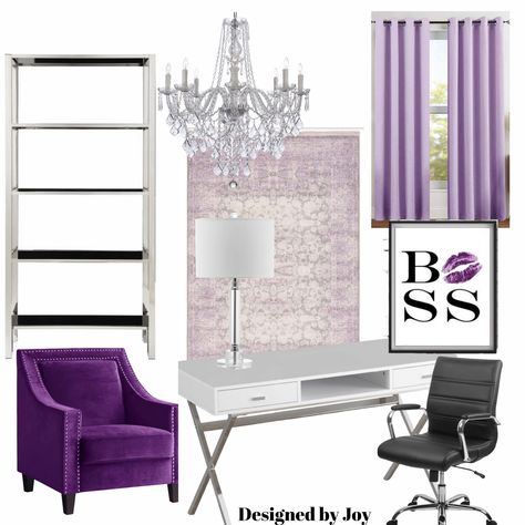 This is the new glam office I designed for my cousin. Instead of the traditional blush pink and gold, we went with purple and silver. Purple Office Walls, Purple And White Office, Light Purple Office Ideas, Purple Office Decor Ideas Work Spaces, Purple And Gold Office, Purple Home Office Ideas, Purple Office Aesthetic, Purple Office Ideas, Purple Office Decor