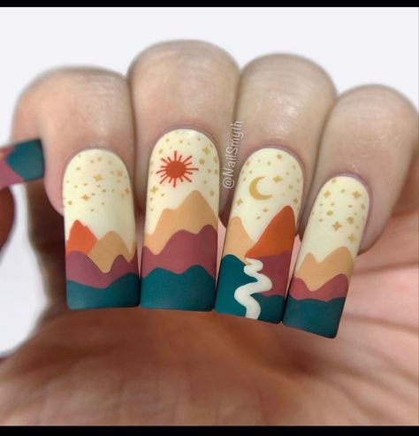 Nail Art Landscape, Desert Inspired Nails, Coconut Nails Design, Mountain Nails Designs, Desert Nail Art, Fun Nail Designs Creative, River Nails, Landscape Nail Art, Mountain Nails