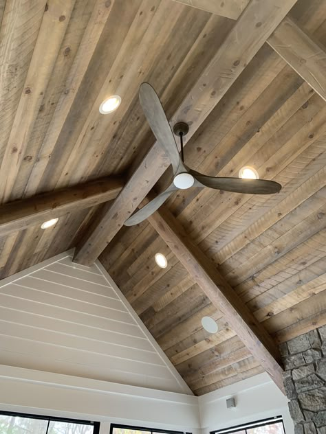 Dark Wood Vaulted Ceiling, Shiplap Ceiling Sunroom, Sunroom Accent Wall Ideas, Gray Tongue And Groove Ceiling, Knotty Pine Vaulted Ceiling, Tongue And Groove Wood Ceiling, Dark Tongue And Groove Ceiling, Wood On The Ceiling, Wood Panel Ceiling Bedroom