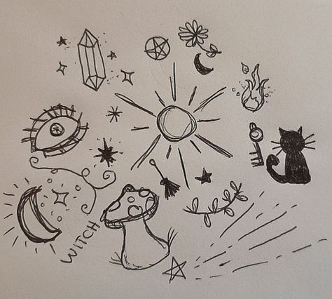 Cottagecore Doodles Easy, Witchy Doodles Simple, Witchy Sketchbook, Cottage Core Doodles, Spiritual Doodles, Witchy Drawings Simple, Witchy Sketches, Witch Doodles, Witchy Doodles