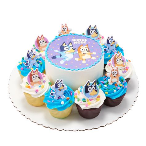 Bluey 5" Cake with 10 Cupcakes - Sam's Club Bluey Cupcakes For A Girl, Bluey Themed Cupcakes, Bluey Cupcakes, Bluey Birthday Cake, 5 Cake, Ariel Hair, Bluey Birthday, Chocolate Sprinkles, Themed Cupcakes