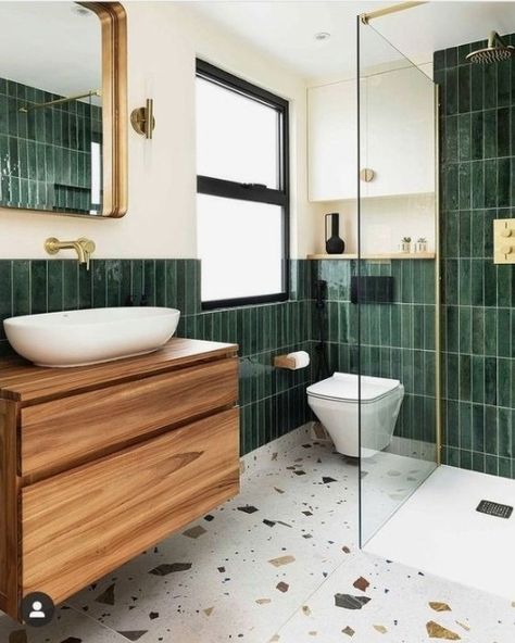 Half Green Tile Bathroom, Green Terracotta Bathroom, Bathroom Tile Ideas Colorful, Bathroom Ideas Emerald Green, Bathroom Ideas Long Narrow, Green And Copper Bathroom, Master Bath Dark, Grey Green Bathroom, Semi Outdoor Bathroom