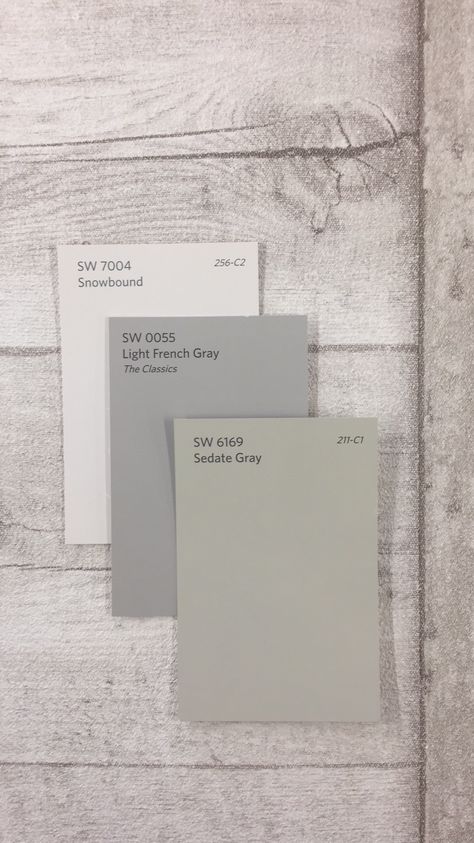 SW7004 Snowbound | SW0055 Light French Gray | SW6169 Sedate Gray . . . #design #interiordesign #paint #paintcolors #interiorpaint #longisland #hamptons #beach #architecture #wallpaper #nature #adventure #montauk #urban #modern #fitness #rustic #grays #purewhite #sw7004 #sw6169 #sw0055 #snowbound #lightfrenchgray #sedategray #city #nyc #newyork Sw7004 Snowbound, Sedate Gray, Interior Paint Colors Schemes, French Gray, Farmhouse Paint, Pintura Exterior, Interior Vintage, Paint Color Schemes, Gray Paint