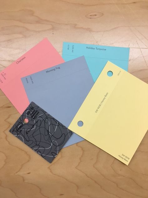 A sneak peek at the color scheme we selected for Annie's Cafe.  The hues include Sherwin-Williams colors Morning Fog, Charisma, Holiday Turquoise and Honey Bees. Kid Decor, Sherwin Williams Colors, Morning Fog, Honey Bees, Paint Ideas, Sherwin Williams, Kids Decor, Sneak Peek, Color Scheme