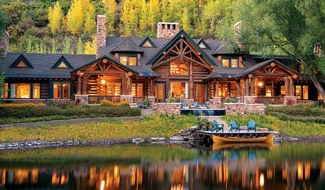 Timber Frame Mansion, Limestone Exterior, Mountain House Design, Lodge Style Home, Cabin Mansion, Cabin Remodel, Alpine Lodge, Log Houses, Modern Lodge