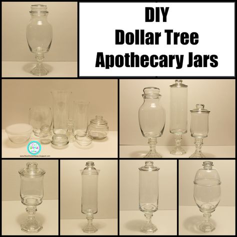 http://riasworldofideas.blogspot.com/2016/01/diy-dollar-tree-apothecary-jars.html Dollar Tree Apothecary, Looking Glass Paint, Jars Crafts, Winter Tree Decorations, Upcycling Diy, Dollar Store Hacks, Diy Tree, Dollar Tree Decor, Christmas Jars