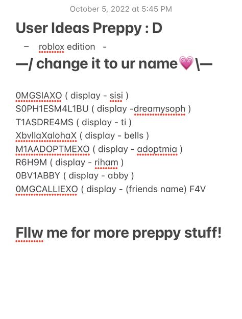 Cute Preppy Roblox Display Names, Preppy Roblox Usernames Ideas, Preppy Tiktok Usernames, Preppy Roblox Names, Preppy Display Names Roblox Ideas, Preppy Names For Tiktok, Preppy Roblox Display Names, Cute Display Names Roblox Ideas, Preppy Usernames For Tiktok