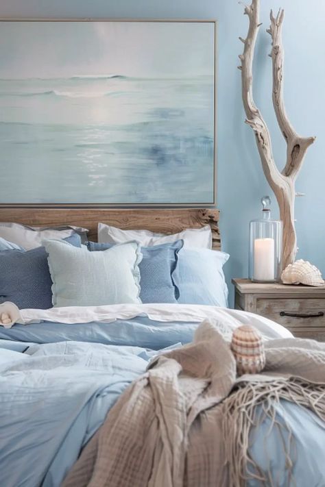 Step into a serene coastal boho bedroom. Feel the calm of the sea and stylish decor. Tap for more soothing bedroom ideas! Light Blue Boho Bedroom, Blue Boho Bedroom Ideas, Blue Boho Bedroom, Christmas Door Decoration Ideas, Coastal Boho Bedroom, Boho Coastal Bedroom, Sea Bedrooms, Light Blue Bedroom, Beach Style Bedroom