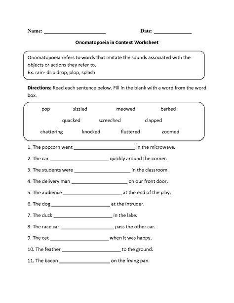 Onomatopoeia in Context Worksheet Onomatopoeia Worksheets, Ks2 Classroom, Cc Essentials, Summer Worksheets, Middle School Activities, Word Boxes, English Worksheet, Spelling Worksheets, Word Problem