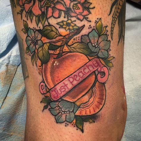 Traditional Peach Tattoo, Tattoo Fruit, Fruit Tattoos, Peach Tattoo, Flower Banner, Fruit Tattoo, Traditional Tattoo Sleeve, Book Tattoo, Leg Sleeves