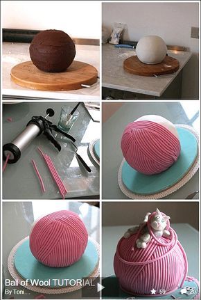 Ball of wool tutorial. http://www.flickr.com/photos/toni-italy/4388625191/in/faves-58907930@N04/lightbox/ Knitting Cake, Decorações Com Comidas, Fondant Tutorial, Yarn Cake, Crazy Cakes, Cat Cake, Novelty Cakes, Cake Decorating Tutorials, Cake Tutorial