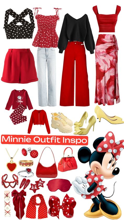 #fashion #fashionista #style #disney #minnie #minniemouse #red #white #polkadots #outfit #inspo Minnie Mouse Spirit Day Outfit, Sweet Hearts Night Disney Outfits, Minnie Mouse Bounding, Cool Disney Outfits, Disney Outfit Ideas For Women, Minnie Disneybound, Disney Bounding Ideas, Minnie Mouse Disneybound, Disneybounding Ideas