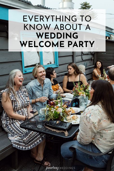 If you’re considering having a wedding welcome party, you’re in the right place. Here, you’ll find tips and ideas on how to make your wedding welcome party a fantastic addition to your special weekend festivities. | Image by Emily Klarer Photography Wedding Meet And Greet Party, Welcome Party Food Ideas, Wedding Party Meet And Greet Ideas, Wedding Welcome Cocktail Party, Wedding Welcome Ideas, Welcome Party Wedding Outfit, Wedding Welcome Party Themes, Backyard Welcome Party, Welcome Party Wedding Ideas