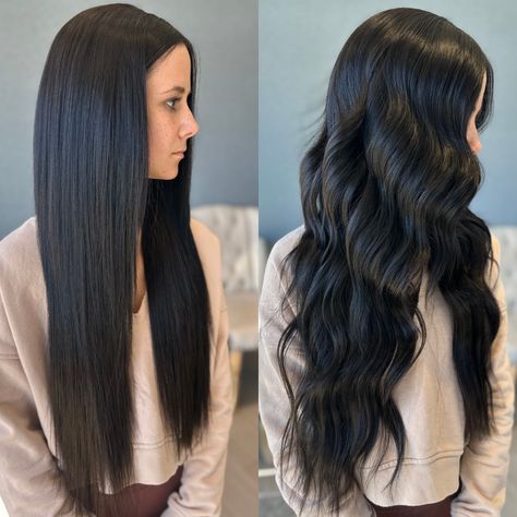 Long black dark brown hair extensions straight and curly. Hair Extensions Dark Hair, Brown Vs Black Hair, Dark Hair Extensions, Dark Brown Black Hair, Dark Brown Hair Extensions, Brown Black Hair, Black Hair Extensions, Fun Hair, Dark Brown Hair