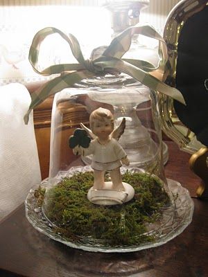 Mid-Atlantic Martha: St. Patrick's Day Hummel Display Ideas, Bell Jars, Glass Bell Jar, Glass Dome Cloche, Cloche Domes, Angel Boy, Jar Art, Fairy Garden Houses, Small Figurines