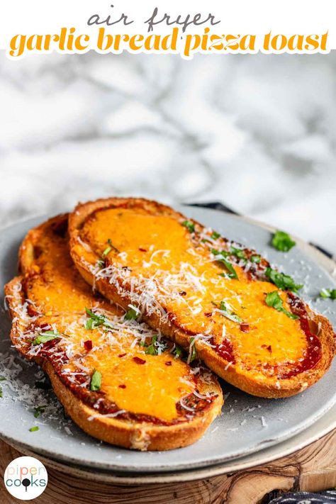 Looking for a fun and tasty twist on traditional pizza? Give garlic bread pizza in the air fryer a try. This simple yet satisfying recipe combines the best of both worlds, with the buttery, garlicky goodness of garlic bread and the cheesy, saucy appeal of a classic pizza. Love garlic bread? Love pizza? Then you'll adore this garlic bread pizza in the air fryer. It combines the best of both worlds for a tasty meal that's sure to satisfy. Garlic Toast Pizza, Pizza In The Air Fryer, Air Fryer Garlic Bread, Pizza Grilled Cheese Sandwich, Pizza Toast, Garlic Bread Pizza, Air Fryer Garlic, Make Garlic Bread, Garlic Toast