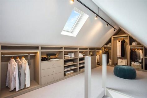 Loft Conversion Dressing Room, Loft Conversion Bedroom, Attic Bedroom Storage, Beige Bedroom Decor, Bedroom Built In Wardrobe, Attic Bedroom Designs, Attic Closet, Attic House, Walking Closet