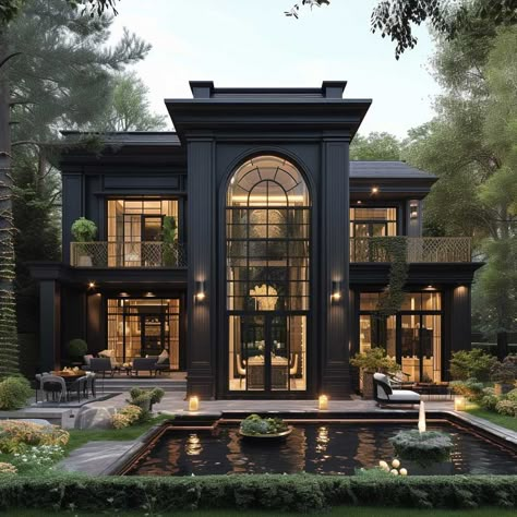 Exquisite Exterior Color Combinations with Champagne Gold and Ebony for a Touch of Glamour • 333+ Images • [ArtFacade] Black Houses Modern, Black Luxury House Exterior, Exterior Color Combinations, Black Houses, Classic House Exterior, Casa Country, Dream Life House, Casas The Sims 4, House Outside Design