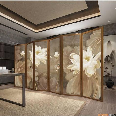 Custom Room Dividers Partitions Dubai, Abu Dhabi & UAE Folding Partition Design Living Rooms, Particians Room Dividers, Folding Partition Design, Estudio Nails, Folding Partition Wall, Hanging Partition, Living Room Partition Wall Design, Hall Partition, Transformable Furniture