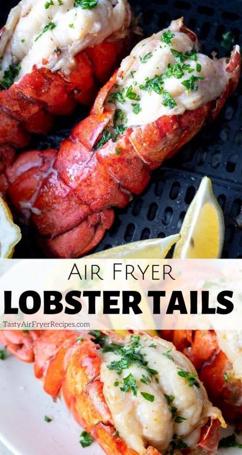 Skip the fancy restaurant and make this Air Fryer Lobster Tail. Yes, lobster tails cooked in your air fryer. Air fried lobster drenched in butter is a quick, easy, indulgent dinner recipe. #airfryerrecipes #airfryer #airfriedfood #airfryerlobstertail #lobsterrecipes #lobstertailrecipes #dinnerrecipes #easydinnerrecipes Air Fryer Lobster Tails, Air Fryer Lobster, Fried Lobster Tail, Fried Lobster, Steak And Lobster, Lobster Recipes Tail, Air Fryer Fish, Lobster Tail, How To Cook Lobster